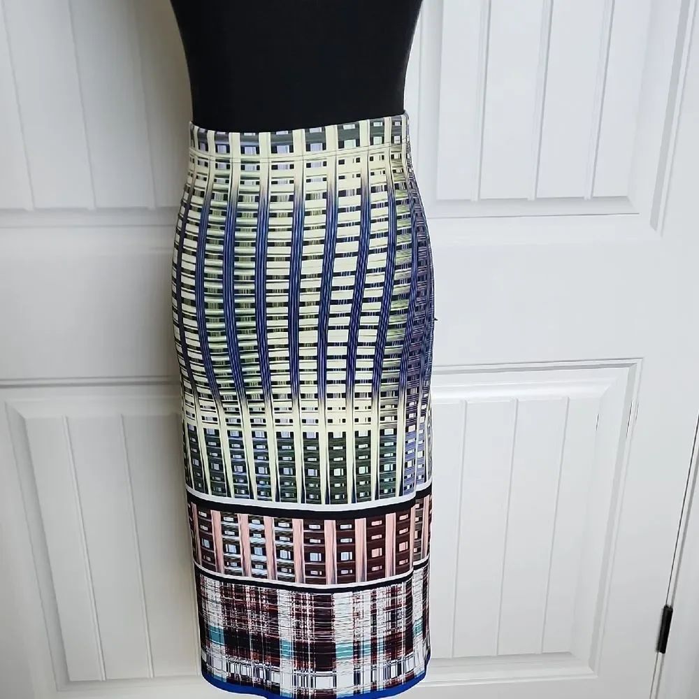 Cover Canyon Graphic Grid Print Pencil Skirt in Blue, Green & Cream